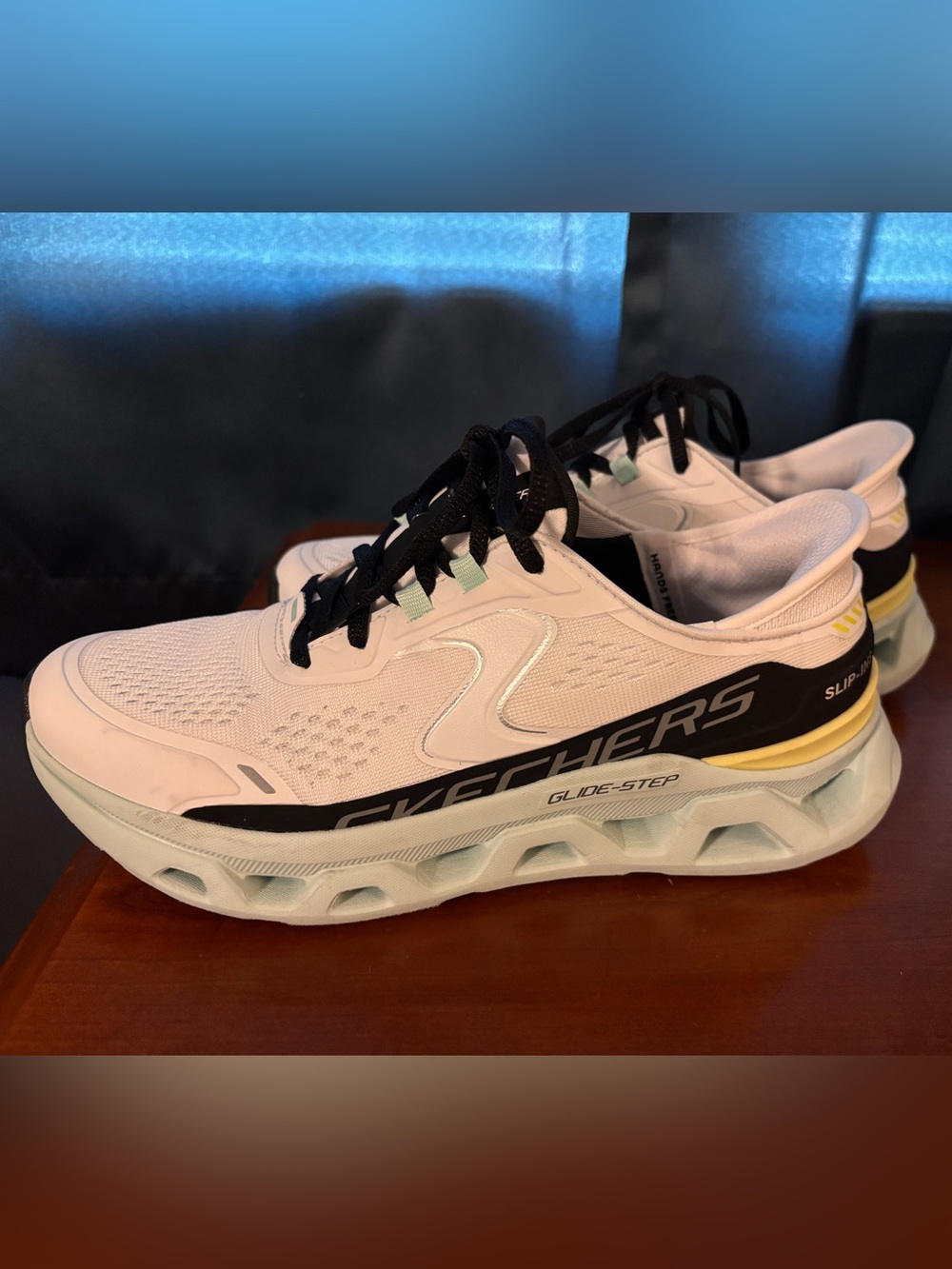 Skechers White and Black Glide-Step Athletic Sneakers with Mint Accents